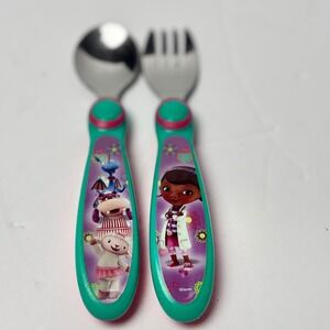 Disney Doc McStuffins Toddler Fork and Spoon Set Teal Pink Stainless Steel